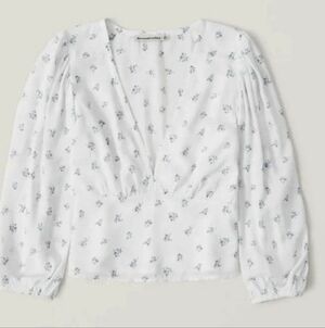 Abercrombie & Fitch White Blue Floral Chiffon V-Neck Blouse Boho L